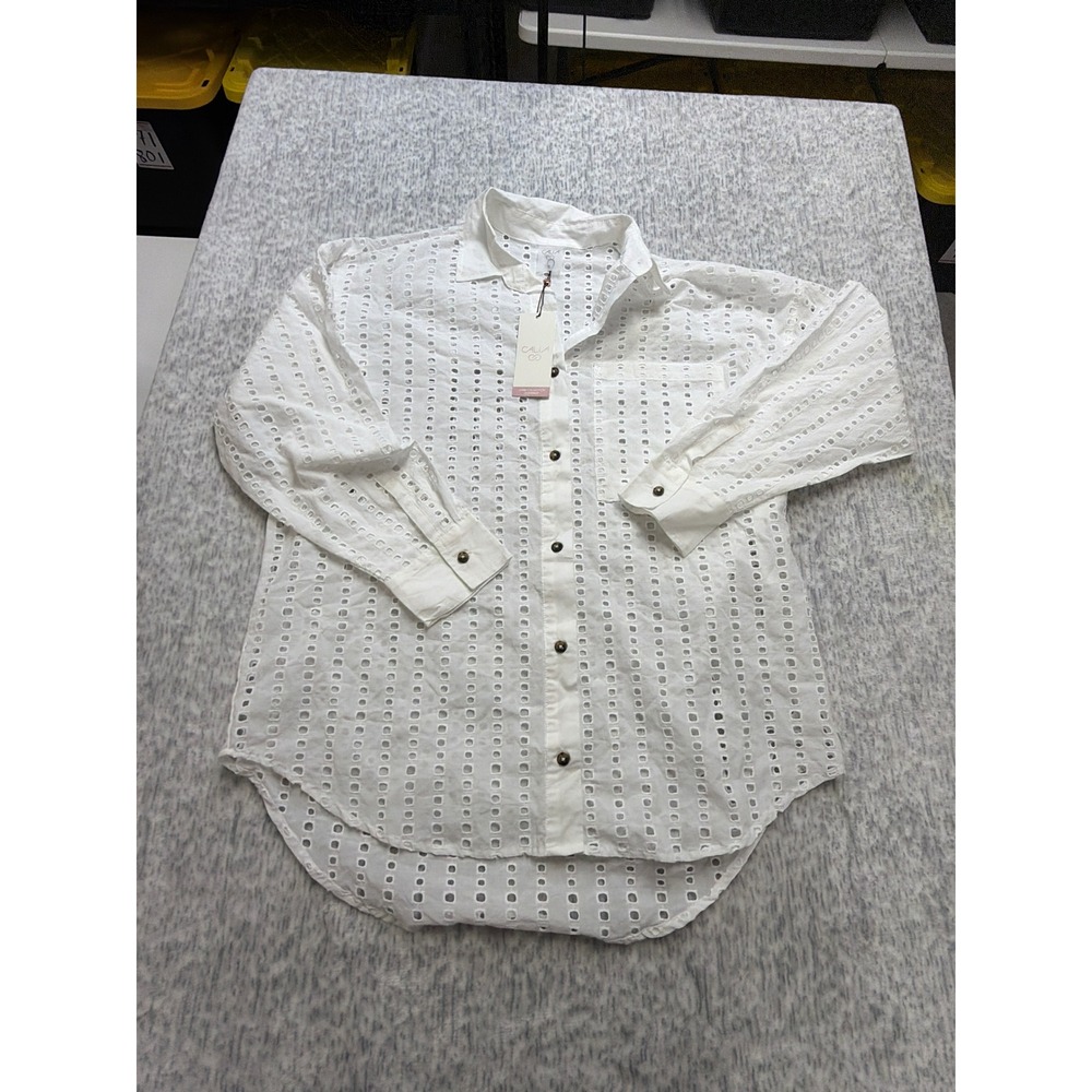 Calia Oversized LS Button Down Swim Coverup Pure White Eyelet WSA23919E Womens S